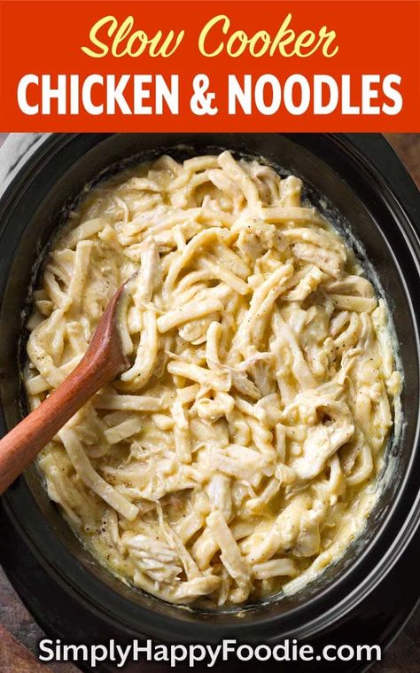 Slow Cooker Chicken and Noodles are yummy comfort food! These comforting chicken and noodles are a classic meal that will feed a hungry bunch! It doesn't get much easier to make than this delicious comforting crock pot chicken and noodles recipe! simplyhappyfoodie.com #chickenandnoodles #crockpotchickennoodles #slowcookerchickennoodles Comforting Chicken And Noodles, Slow Cooker Chicken And Noodles, Crock Pot Chicken And Noodles, Slow Cooker Kip, Chicken And Noodles Recipe, Creamy Chicken And Noodles, Simply Happy Foodie, Crockpot Chicken And Noodles, Chicken And Noodles