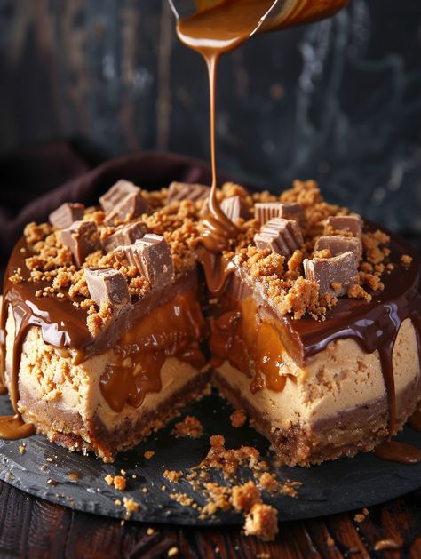 Butterfinger Caramel Crunch Cheesecake 😊    𝗜𝗻𝗴𝗿𝗲𝗱𝗶𝗲𝗻𝘁𝘀 For the Graham Cracker Crust: 2 cups graham cracker crumbs ½ cup unsalted butter, melted For the Peanut Butter Filling: 1 cup creamy peanut butter 1 cup powdered sugar 1 teaspoon vanilla extract 1 ½ cups crushed Butterfinger candy bars For the Caramel Layer: 1 cup granulated sugar ½ cup heavy cream ¼ cup unsalted butter 1 teaspoon sea salt For the Chocolate Topping: 1 ½ cups semisweet chocolate chips 1 tablespoon vegetable oil Caramel Toffee Crunch Cheesecake, Crazy Desserts, Crunch Cheesecake, Cheesecake Ingredients, Butterfinger Candy, Caramel Crunch, Easy Cheesecake Recipes, Cracker Crust, Delicious Cake Recipes