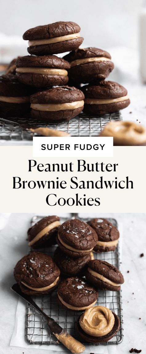 Peanut Butter Brownie Cookies, Brownie Sandwich, Peanut Butter Buttercream, Peanut Butter Sandwich Cookies, Peanut Butter Icing, Peanut Butter Brownie, Cookie Recipes From Scratch, Broma Bakery, Cookie Brownie Recipe