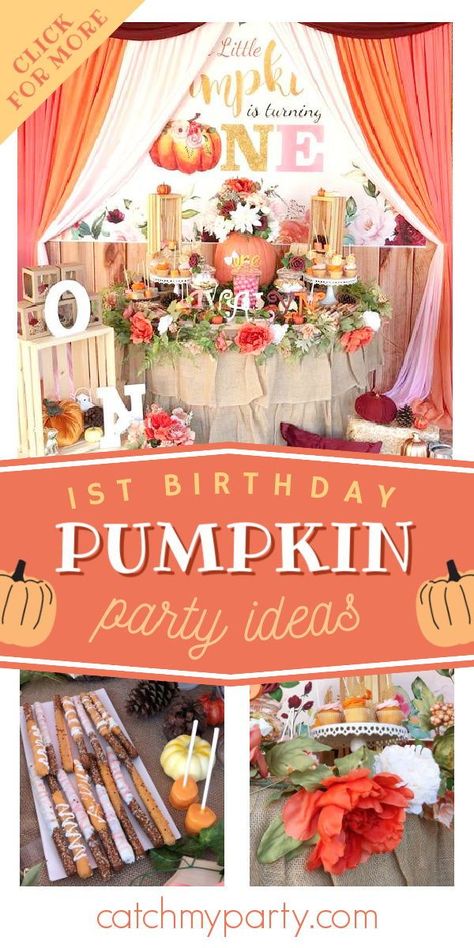 Don't miss this sweet pumpkin 1st birthday party! The dessert table is so impressive! See more party ideas and share yours at CatchMyParty.com Our Lil Pumpkin Is Turning One, One Year Old Pumpkin Birthday Party, Pumpkin Patch Theme Party, Fall Girl Birthday Party Ideas, One Sweet Pumpkin Birthday, Fall One Year Birthday Party Girl, 1st Birthday Pumpkin Theme Girl, November 1st Birthday Girl, October 1st Birthday Girl