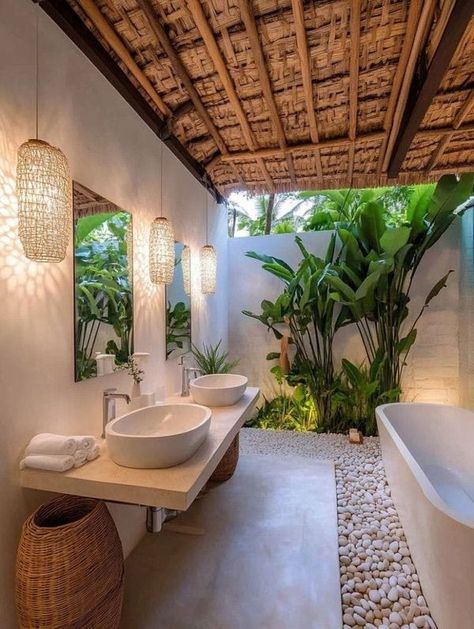 Bali Villa Bathroom Interior Design, Tropical Eco House Design, Traditional Balinese House, Bali Villa Garden, Bali Decor Interior Design, Bali House Plans, Bali House Interior, Bali Courtyard, Tulum Bathroom