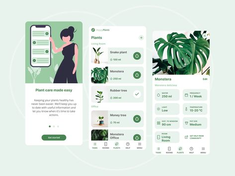 Plant care app screens. Welcome screen, plant list screen and plant health details screen. Plant App, Plant Help, Plant Health, Plant List, App Ui Design, Screen Design, Mobile App Design, Snake Plant, Bullet Journal Ideas Pages