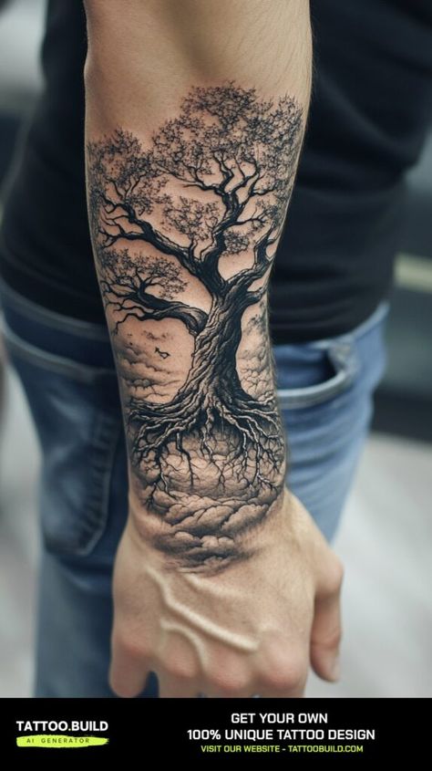 Word Tree Tattoo, Tree Of Life Tattoo For Women On Leg, Willow Tree Tattoo Forearm, Trees And Ocean Tattoo, Tree Of Life Tattoo With Flowers, Life Tree Tattoo Men, Tree Of Life With Clock Tattoo, Mens Tree Of Life Tattoo, Back Of Arm Tree Tattoo