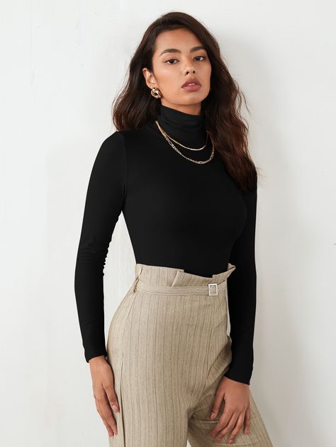 Black Casual Collar Long Sleeve Fabric Plain  Embellished Slight Stretch Fall/Winter Women Clothing Elegante Y Chic, Fitted Top, Black Stretch, High Collar, Workout Tops, Fashion Online Shop, Long Tops, Online Fashion, Work Outfit