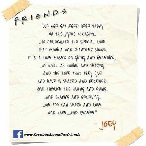 Joey's celebrant speech at Monica and Chandler's wedding: Wedding Speech Quotes, Quotes For Wedding, Wedding Quotes Funny, Best Wedding Speeches, Friends Tv Quotes, Show Quotes, Wedding Speeches, Funny Wedding Cards, Maid Of Honor Speech