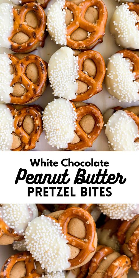 White Chocolate Peanut Butter Pretzel Bites are easy & delicious holiday treats! The best combination of salty & sweet, these peanut butter stuffed chocolate covered pretzels are truly delicious. Perfect for Christmas time snacking! Chocolate Pretzels Recipe, Chocolate Covered Pretzels Christmas, Peanut Butter Pretzel Bites, Peanut Butter White Chocolate, White Chocolate Peanut Butter, Oreo Cheesecake Bites, White Chocolate Pretzels, Chocolate Covered Peanuts, Peanut Butter Pretzel