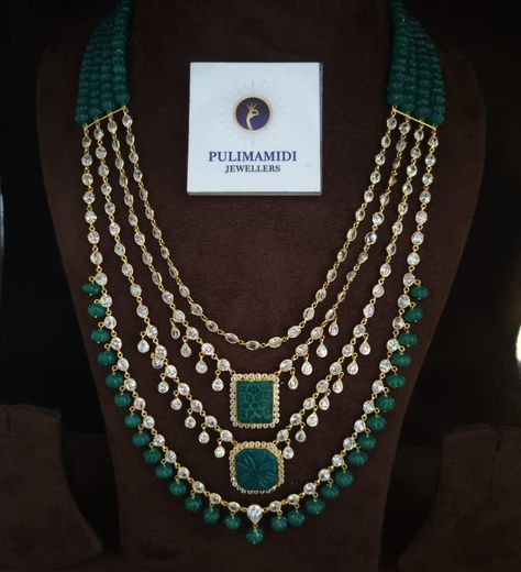 Pulimamidi Jewellers, Polki Haram, Carved Emerald, Ruby Chain, Diamond Wedding Jewelry, Bridal Jewellery Design, Beautiful Gold Necklaces, Beaded Necklace Designs, Indian Jewellery Design