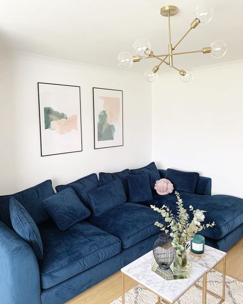 @style.less.home on Instagram: “By far the best decision we ever made ..... the comfiest sofa I’ve ever sat on! @barkerandstonehouse ‘ Harrington’ in indigo .... thank me…” Blue Velvet Sofa Living Room, Velvet Couch Living Room, White Walls Living Room, Small Room Sofa, Blue Velvet Couch, Velvet Sofa Living Room, Blue Couch Living Room, Navy Sofa, Blue Couch