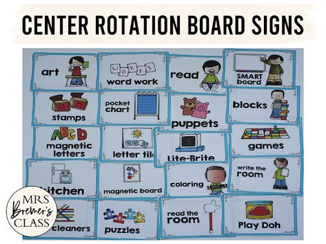 Center Cards for Rotation Boards, including 90 cards plus editable templates! #teachertips #kindergarten #teacherhacks #classroomsetup #backtoschool #centers #rotationboard #centersigns Kindergarten Center Rotation, Month Calendar Printable, Kindergarten Center, Magnetic Games, Center Rotations, Board Signs, Center Signs, Kindergarten Centers, Month Calendar