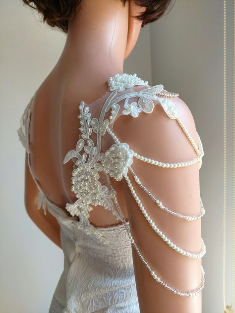 Bridal Shouder Pearled Straps Wedding Shoulder Jewelry - Etsy Turkey Shoulder Chain Jewelry, Beaded Bridal Jewelry, Draping Ideas, Shoulder Jewelry, Shoulder Necklace, Wedding Veil Accessories, Pearl And Lace, Beaded Applique, Silver Glass