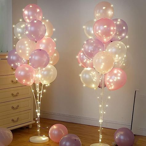 Light Pink Birthday Party, Balloon Column Stand, Light Pink Birthday, Light Pink Party, Bachelorette Balloons, Wedding Anniversary Party Decorations, Light Up Balloons, Balloon Stand, 18th Birthday Decorations