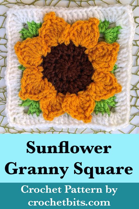 Crochet Sunflower Granny Square Pattern Leaves Granny Square, Sunflower Granny Square Pattern Free, Free Crochet Sunflower, Crochet A Sunflower, Sunflower Granny Square Pattern, Crochet Learning, Hot Pad Pattern, Crochet Sunflowers, Cool Blanket