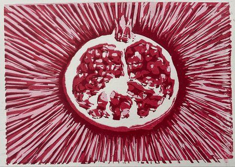 #pomegranate #art Print Painting Ideas, Pomegranate Drawing, Reduction Lino Print, Aesthetic Painting Ideas On Canvas, Ideas For Drawing, Pomegranate Art, Painting Ideas On Canvas Aesthetic, Aesthetic Painting Ideas, Canvas Aesthetic