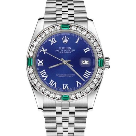 Pre-owned Rolex Datejust Blue Color Roman Numeral Emerald Dial 36mm... ($5,499) ❤ liked on Polyvore featuring jewelry, watches, roman numeral watches, bezel watches, rolex, leather-strap watches and bezel jewelry Rolex Blue, Bezel Jewelry, Rolex Women, Oyster Perpetual Datejust, Watches Rolex, Rolex Oyster Perpetual, Unisex Watches, Pre Owned Rolex, Roman Numeral