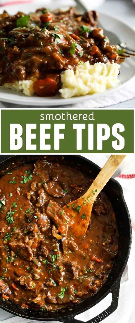 Smothered Beef Tips, Smothered Beef, Beef Tips Recipe, Beef Tip Recipes, Beef Tips And Gravy, Over Mashed Potatoes, Crockpot Recipes Beef Stew, Best Beef Recipes, Beef Stew Crockpot