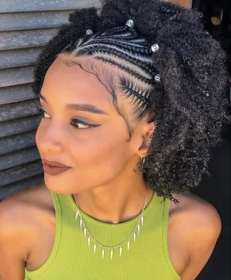 Braids Going To The Back With Curls, Wash And Go With Braids, Half Up Half Down With Cornrows, Cornrows With Curly Hair In Back, Half Cornrows Half Curls, Half Cornrows Half Natural Hair, Half Cornrows Natural Hair, Half Braids Half Curls Natural Hair, Front Cornrows Hairstyles Natural Hair