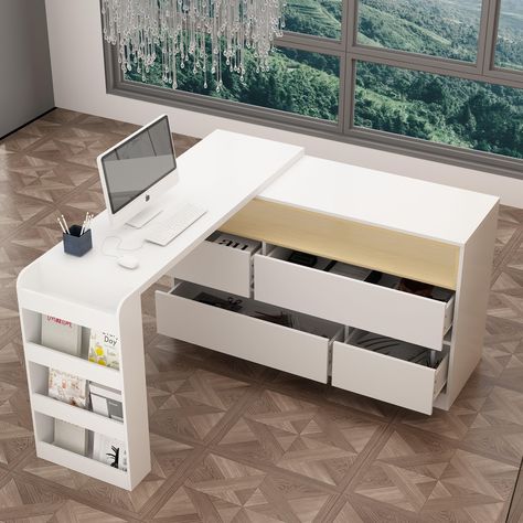 PRICES MAY VARY. [Rotating Office Desk] – AIEGLE white office desk features deformable design for differnent usage scenarios. It works well not only as a normal office desk, but also a corner office desk with storage. When the desk is not needed, just rotate and turn it into a cabinet which saving more space. [Durable Materials] – The office desk is crafted from thick engineered wood, which ensures stability and durability of the structure. With friendly material, the surface is not only smooth, Desk For 3 People, Rolling Desk Cart Home Office, Space Saving Work Table, Desk For Working From Home, Small Work Office Decor Professional, Home Office In Bedroom Small, Desk Dining Table Combo, Small Work Office Decor, Corner Office Space In Bedroom