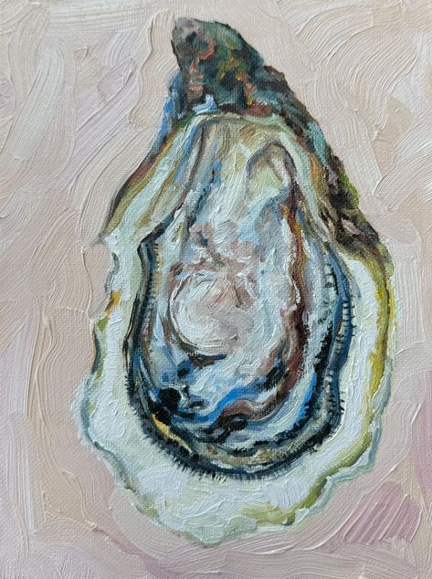 Fresh Oyster Painting, Oil on Canvas Panel, 6x8 inches. After a request for an oyster painting from one of my collectors, I've been painting a few of them.  They're lovely to work with, here I've added some areas of thicker textured paint.  This painting is done oil paint on canvas panel, it will arrive varnished and ready to be hung or framed. Frame not included. A special one of a kind gift for you or a loved one. An ideal gift  -Birthday gift -Dinner party gift -Thank you gift -Friendship gif Paintings Of Oyster Shells, Oyster Oil Painting, Small Painted Canvas, Oyster Paintings On Canvas, Oyster Wall Art, Seafood Still Life, Oysters Painting, Clam Painting, Blue Crab Painting