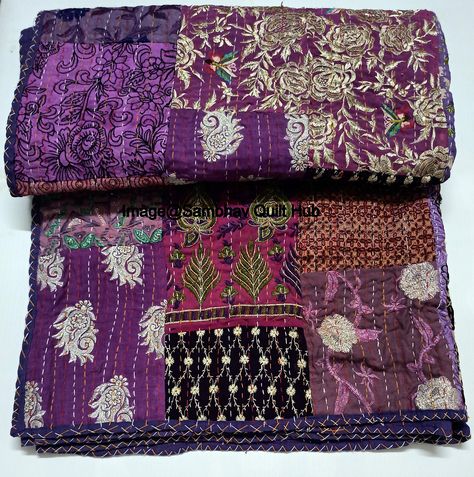 PRICES MAY VARY. Made of Silk Vintage Sarees, Size 50X70, 60X90 90X108, 108X108 Baby Blanket , Embroidery Throw Kantha Quit More than 20 years old Vintage Kantha Throw, the item will come with hand embroidery work which gives ethnic look to this product Note:-this item is made of hand patchwork so two pieces will never come same and you will get the different item from picture only the fabric color will come same as Black, blue etc Children Baby Reversible Patchwork (Back Side come with solid co Kantha Bedding, Quilted Sofa, Bohemian Bedding, Mazzy Star, Quilts Decor, Quilted Throw Blanket, Twin Blanket, King Size Quilt, Kantha Blankets