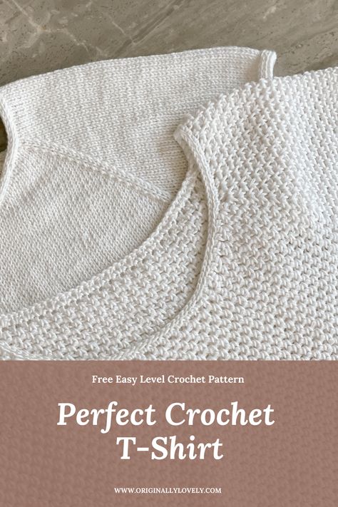 The Perfect Crochet T-Shirt from Originally Lovely is a great top for summer! Worked quickly from the top down, this shirt is fun to make and cute to wear! Cardigans Crochet, Lidia Crochet Tricot, Crochet Tee, Gilet Crochet, Crochet Sweater Pattern Free, Crochet T Shirts, Crochet Ladies Tops, Crochet Tops Free Patterns, Crochet Summer Tops