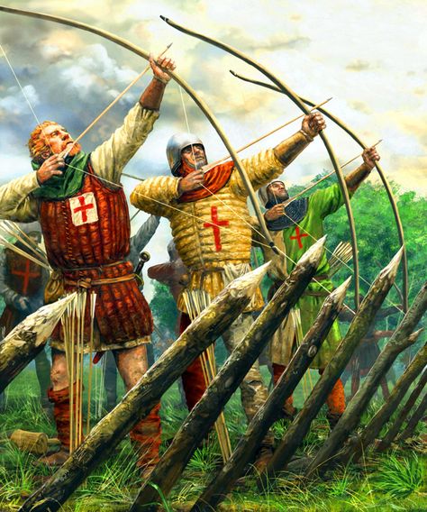 English longbowmen in battle at Agincourt, Hundred Years War Medieval Archer, Battle Of Agincourt, Military Images, Woodcut Art, Historical Warriors, Medieval Paintings, Joan Of Arc, The Golden Age, Angels And Demons