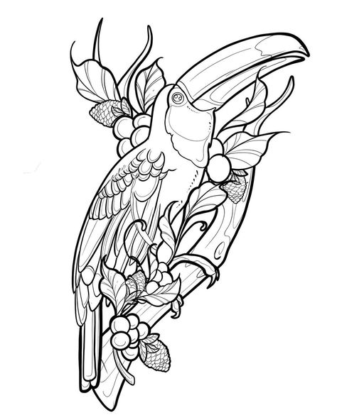 Neo Traditional Tattoo Outline, Toucan Tattoo Design, Neotraditional Bird Tattoo Design, Neo Trad Bird Tattoo, Tucan Tattoo, Toucan Tattoo, Toucan Drawing, Quetzal Tattoo, Animal Tattoo Designs