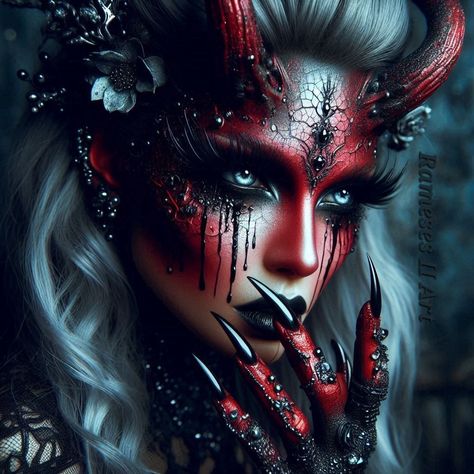 Mazikeen Tattoo, Demon Halloween Costume Female, Maquillage Halloween Vampire, Devil Makeup Halloween, Demon Halloween Costume, Goth Makeup Looks, Dragon Makeup, Demon Makeup, Goth Things