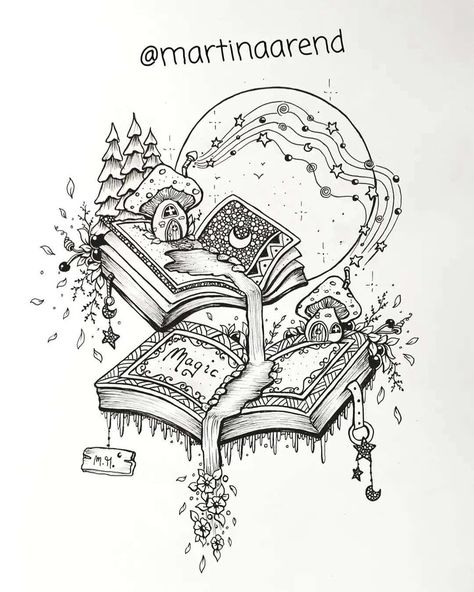 Fantasy Book Drawing, Magic Book Drawing, Books Drawing Sketches, Tattoos Inspired By Books, Bookworm Art, Waterfall Tattoo, Book Drawings, Bookish Tattoos, Tree Tattoo Small