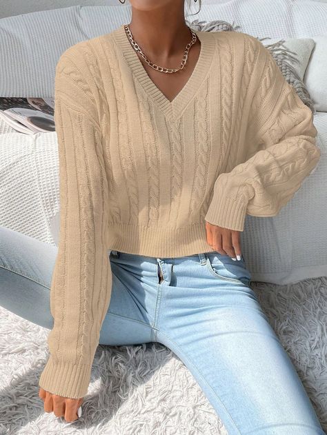 White Knit Sweater, Pullover Outfit, Cable Knit Jumper, Khaki Fashion, Drop Shoulder Sweaters, Women Sweater, Knit Crop Top, Sweater Sale, Shrug Sweater