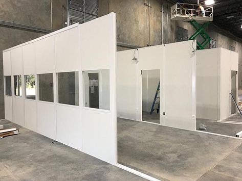 Warehouse With Office, Office In Warehouse, Modular Wall Panels, Warehouse Office Design Workspaces, Small Warehouse Design, Warehouse Office Space, Warehouse Office Design, Prefab Office, Warehouse Apartment