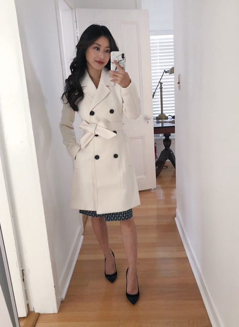 white cream belted wool trench coat White Coat Outfit Classy, Trench Coat With Dress, White Trench Coat Outfit, Wool Trench Coat Women, Cream Trench Coat, Petite Dressing, Style Development, White Wool Coat, Womens Business