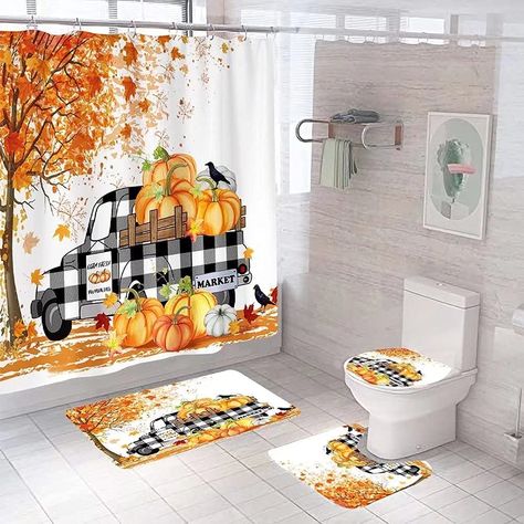 PRICES MAY VARY. 100% Polyester [Package includes]:The Fall bathroom curtain 70.8" L x 70.8" W, the bath mat/rug size: 29.5" L x 17.7" W, the toilet lid cover size: 17.7" L x 13.8" W, the U shape rug size: 17.7" L x 14.8" W. [Manufacturing Materials]:This Fall shower curtain is made of polyester, which is soft, durable and waterproof.The non-slip bath mat and rug are made of high-quality sponge, flannel and non-slip bottom, with super absorption and quick drying. [Easy to Install]：our 12 sturdy Fall Shower Curtain, Luxury Shower Curtain, Chicken Funny, Bathroom Curtain Set, Antique Bathroom, Bathroom Shower Curtain Sets, Bad Set, Bathroom Partitions, Modern Shower Curtains