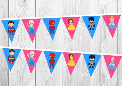 Princess And Superhero Party, Superhero Party Decorations, 6 Flags, White Party Decorations, Luau Birthday Party, Happy Birthday Bunting, Luau Birthday, Birthday Bunting, Superhero Birthday Party