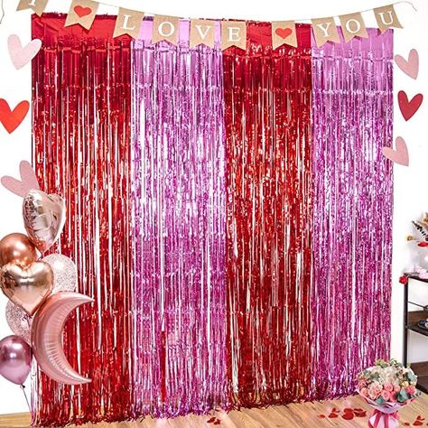 3 pack red pink foil fringe curtains, Extra large size (width x drop) 3.3 x 8.2 ft each, perfect for Valentine's Day decoration and general party decorations. Red pink metallic foil fringe curtains are made of tinsel. They are lightweight and durable fringe curtains. EASY TO APPLY Perfect photo backdrop for the Valentine's Day, Engagement, Wedding, Bridal Shower, Birthday, Bachelorette party decorations Backdrop For Valentines Day, Valentine Photo Backdrop, Red Party Decorations, Valentine Backdrop, Fringe Curtains, Streamer Backdrop, Party Photo Backdrop, Red Backdrop, Curtain Backdrops