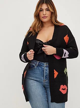 Drop Shoulder Cardigan - Acrylic Lips Black, LIPS - BLACK Lips Black, Shoulder Cardigan, Drop Shoulder Cardigan, Warm Dresses, Open Front Sweater, Lips Print, Drop Shoulder Sweaters, Summer Styles, Open Front Cardigan