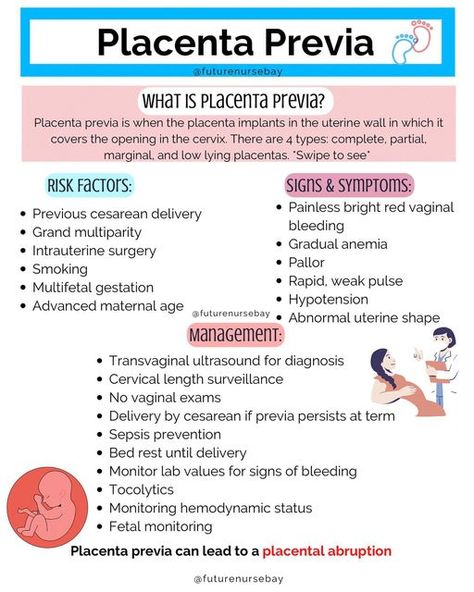 Baylie | BSN, RN loading… 🩺 on Instagram: "𝗟𝗲𝘁’𝘀 𝗴𝗼 𝗼𝘃𝗲𝗿 𝗣𝗹𝗮𝗰𝗲𝗻𝘁𝗮 𝗣𝗿𝗲𝘃𝗶𝗮! Placenta previa is when the placenta implants in the uterine wall in which it covers the opening in the cervix. There are 4 types: complete, partial, marginal, and low lying placentas. *Swipe to see* This positioning is abnormal and places the mother at risk for a placental abruption. This is why bed rest is crucial for placenta previa up until the time of birth. Usually at about 37 week is when th Ob Clinical Cheat Sheet, Nclex Maternity Cheat Sheet, Ob Notes Ob Nursing, Nursing Ob Cheat Sheets, Intrapartum Nursing Notes, Ob Nursing Student Notes, Ob Nursing Student Cheat Sheets, Maternity Nursing Study, Nursing School Studying Cheat Sheets