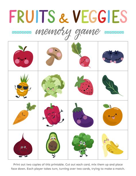 Kids learn and have tons of fun with this match the fruits and veggies memory games for kids. Perfect for kindergartners and little ones, these memory games help develop their concentration and thinking skills. Healthy Food Activities For Preschool, Concentration Activities, Rain Crafts, Preschool English, Healthy Food Activities, Preschool Room, Vegetable Pictures, Mental Fitness, Nutrition Activities