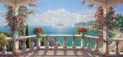 Balcony with sea view Seni Mural, Santorini Villas, 강아지 그림, Photo Mural, Albrecht Durer, Simple Acrylic Paintings, New York Art, Fantasy Landscape, Anime Background