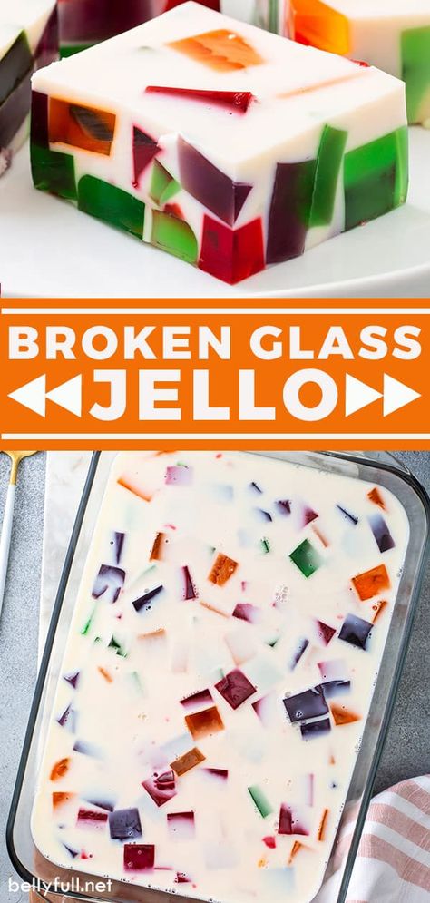 Broken Glass Jello (also known as Stained Glass Jello) looks so impressive, but is really easy to make! Different colors of Jello float in a sweetened white gelatin mixture. Vary it every time by using different flavors. This classic make-ahead dessert recipe looks so lovely on a buffet table and is always a hit at holidays, potlucks, and luncheons! Stained Glass Jello, Broken Glass Jello, Jello Deserts, Glass Jello, Jello Mold Recipes, Jello Recipe, Impressive Dessert, Jello Dessert Recipes, Gelatin Recipes