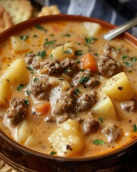 Potato And Sausage Soup, Potato Hamburger Soup, Hamburger Rice Casserole, Potato And Sausage, Hamburger Potato Soup, Hamburger Rice, Crockpot Soups, Hamburger Soup, Sausage Soup