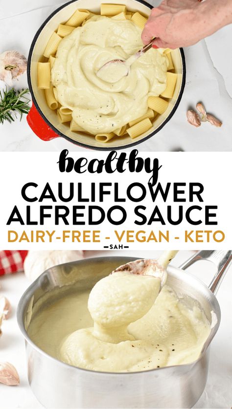 This Cauliflower Alfredo Sauce is an healthy, dairy-free Alfredo Sauce recipe made from cauliflowers florets. It's a delicious low-carb vegan sauce for pasta or steamed vegetables. Protein Pasta Sauce, Cottage Cheese Pasta Sauce, Cauliflower Pasta Sauce, E2m Recipes, Cheese Pasta Sauce, Healthy Alfredo Sauce, Dairy Free Alfredo Sauce, Vegetarian Sauces, Cottage Cheese Pasta