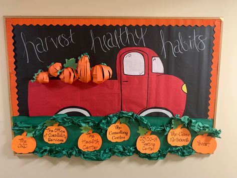 Harvest Theme Bulletin Board, Thanksgiving Pe Bulletin Boards, School Bulliten Board Decorations, Aesthetic Fall Bulletin Board, Fall Hospital Bulletin Boards, Halloween Self Care Bulletin Board, Fall Hall Decorations School, Fall Pta Bulletin Board Ideas, Corn Maze Bulletin Board