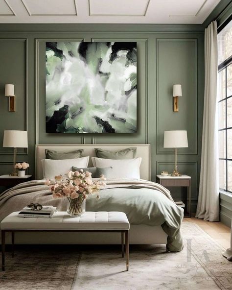 Modern Bedroom Boho, Sage Bedroom, Sage Green Wall Art, Sage Green Wall, Ideal House, Sage Green Bedroom, Sage Green Walls, Gold Bedroom, Textured Canvas