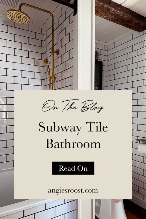 I have long loved small bathroom designs using white subway tile and black grout for the entire bathroom. It's a classic, timeless look that pairs so well with our vintage 1700s farmhouse in Vermont. This subway tile bathroom with exposed beams and wide plank wood floors has so much charm and character. Combined with a gold shower faucet and a vintage black medicine cabinet, this subway tile bathroom is a budget-friendly looker. Learn more about our DIY subway tile bathroom remodel on the blog. Bathroom Subway Tile Ideas Wall, Bathroom With Black Grout, Subway Tiled Bathrooms, Subway Bathroom Tile Ideas, White Tile Dark Grout Bathroom, White Subway Tile Bathroom Ideas, Subway Tile With Charcoal Grout, Subway Tile Patterns Bathroom, 1700s Farmhouse