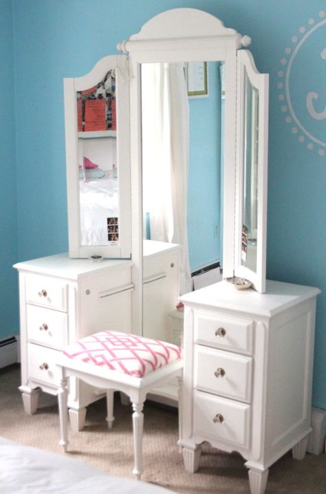 A vanity table with full length mirror and upholstered stool, found at the Habitat Restore Full Length Mirror Dressing Table, Dressing Mirror Designs, March First, Commode Shabby Chic, Dressing Table Mirror Design, Modern Dressing Table Designs, Dressing Design, Aesthetic Interior Design, Dressing Room Decor