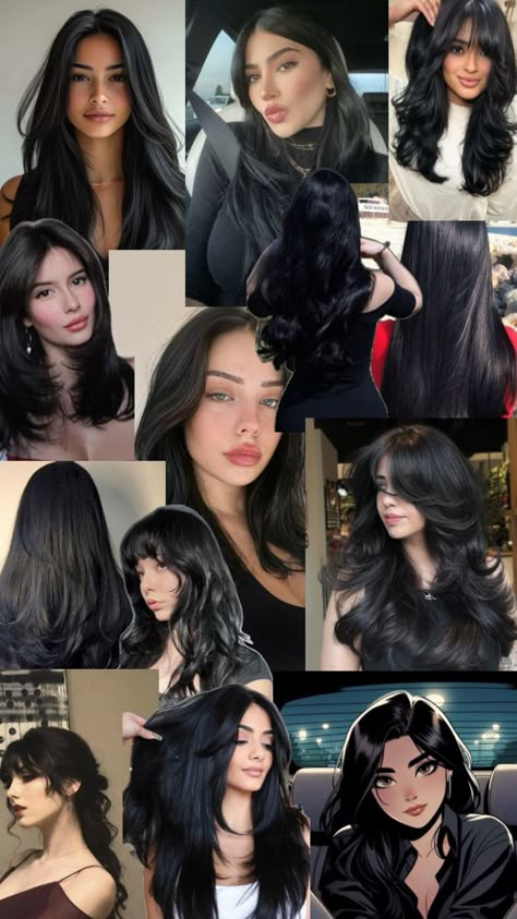 Black hair Long Dark Black Hair, Cool Brown Black Hair, Obsidian Brunette, Raven Black Hair Color, Black Hair With Colored Bangs, Long Black Hair Straight, Black Hair With Bangs And Layers, Jet Black Hair Aesthetic, Black Coloured Hair