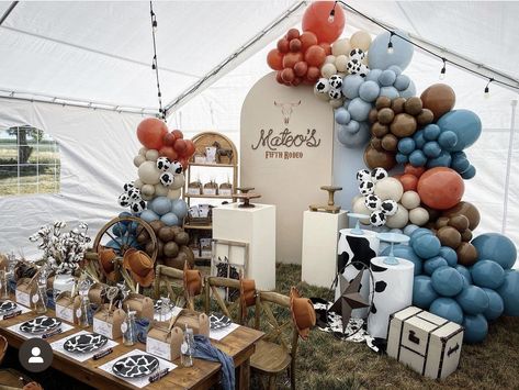 Rodeo Party Theme Ideas, Cowboys Decoration Ideas, Cowboy 1st Birthday Party Centerpieces, Round Up Birthday Party, Cowboy Boy Birthday Party, My Second Rodeo Birthday Boy, 1st Rodeo Table Decor, Rodeo Birthday Balloons, First Round Up Birthday