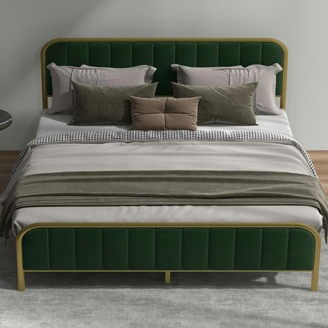 This upholstered bed frame features an elegant button-tufted headboard and sumptuous velvet upholstery to elevate bedroom decor with sophistication and comfort. Green Bed Frame Ideas, Gold Metal Bed Frame, Green Bed Frame, Olive Green Bed, Bed Frame Green, Elevate Bedroom, Bed Frame Ideas, Olive Green Bedrooms, Button Tufted Headboard