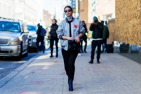 38 Outfits That Prove a Bomber Jacket Is the Only Thing to Own Now via @WhoWhatWearUK Starter Jacket Outfit, Starter Jacket, Jacket Outfit, Who What Wear, Jacket Outfits, Bomber Jacket, How To Wear