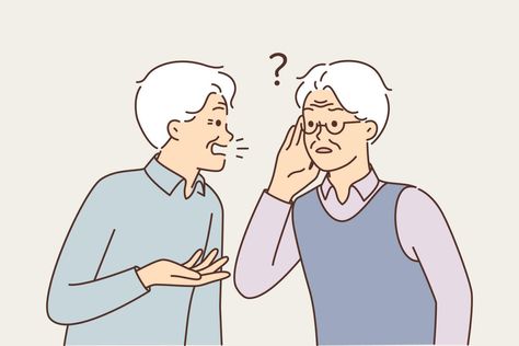 Old man talking to deaf friend who puts hand to ear and is having problems after hearing aid is broken. Elderly gray-haired man suffering from hearing disease needs help of otolaryngologist doctor Hearing Aids, Old Men, Old Man, The Old, Vector Art, Disease, Old Things, Clip Art